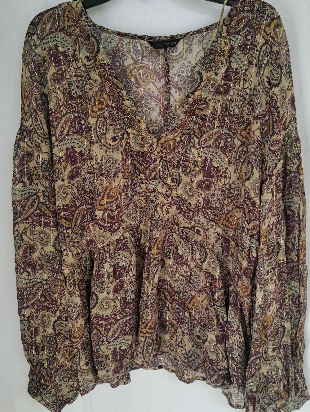 Zara Paisley Metallic Gold Stripe V-Neck Beaded Peplum‎ Blouse Burgundy Large